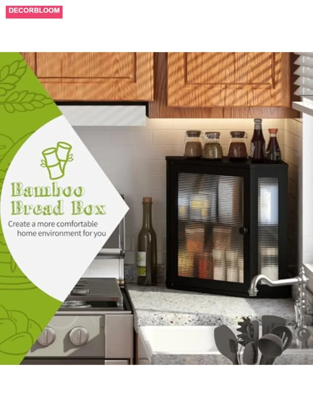 Double Layer Bamboo Bread Box with Acrylic Door, Large Capacity Kitchen